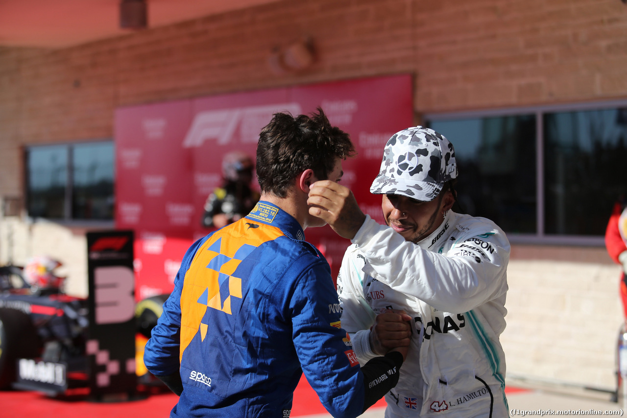 GP USA, 03.11.2019- Parc ferme Lewis Hamilton (GBR) Mercedes AMG F1 W10 EQ Power e Lando Norris (GBR) Mclaren F1 Team MCL34