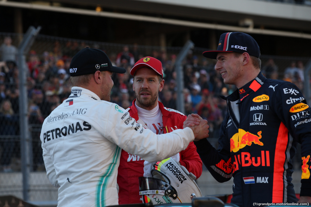 GP USA, 02.11.2019- Festeggiamenti in parc fermee, Pole Position Valtteri Bottas (FIN) Mercedes AMG F1 W10 EQ Power, 2nd placeSebastian Vettel (GER) Ferrari SF90, 3rd place Max Verstappen (NED) Red Bull Racing RB15