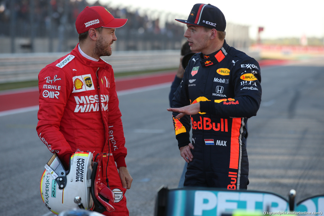 GP USA, 02.11.2019- Parc ferme, Sebastian Vettel (GER) Ferrari SF90 e Max Verstappen (NED) Red Bull Racing RB15