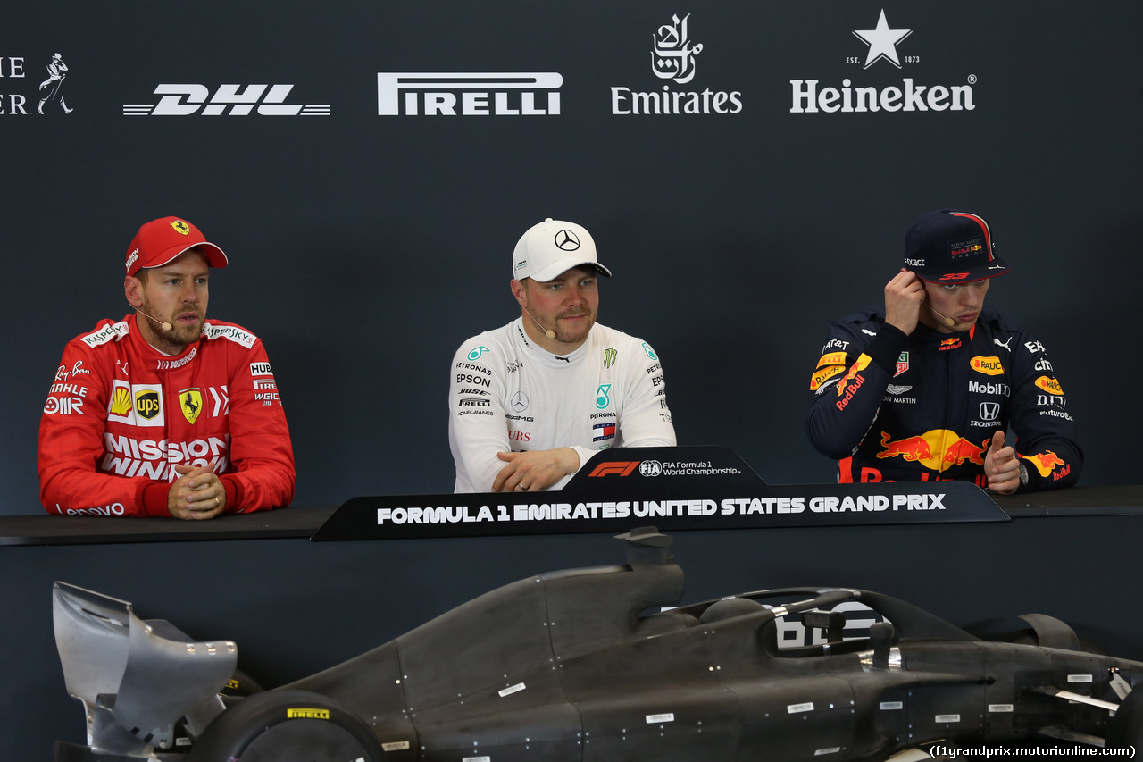 GP USA, 02.11.2019- Official Fia press conference, L to R Sebastian Vettel (GER) Ferrari SF90, Valtteri Bottas (FIN) Mercedes AMG F1 W10 EQ Power e Max Verstappen (NED) Red Bull Racing RB15
