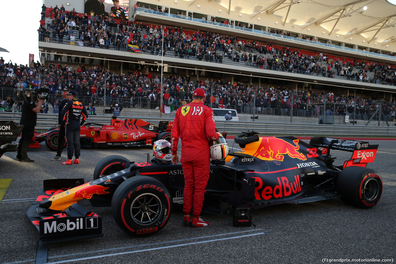 GP USA, 02.11.2019- Qualifiche Parc ferme Sebastian Vettel (GER) Ferrari SF90 take a look to Max Verstappen (NED) Red Bull Racing RB15 car