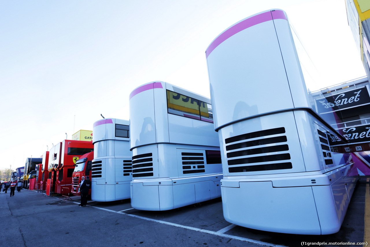 TEST F1 BARCELLONA 26 FEBBRAIO, Racing Point F1 Team trucks in the paddock.
26.02.2019.