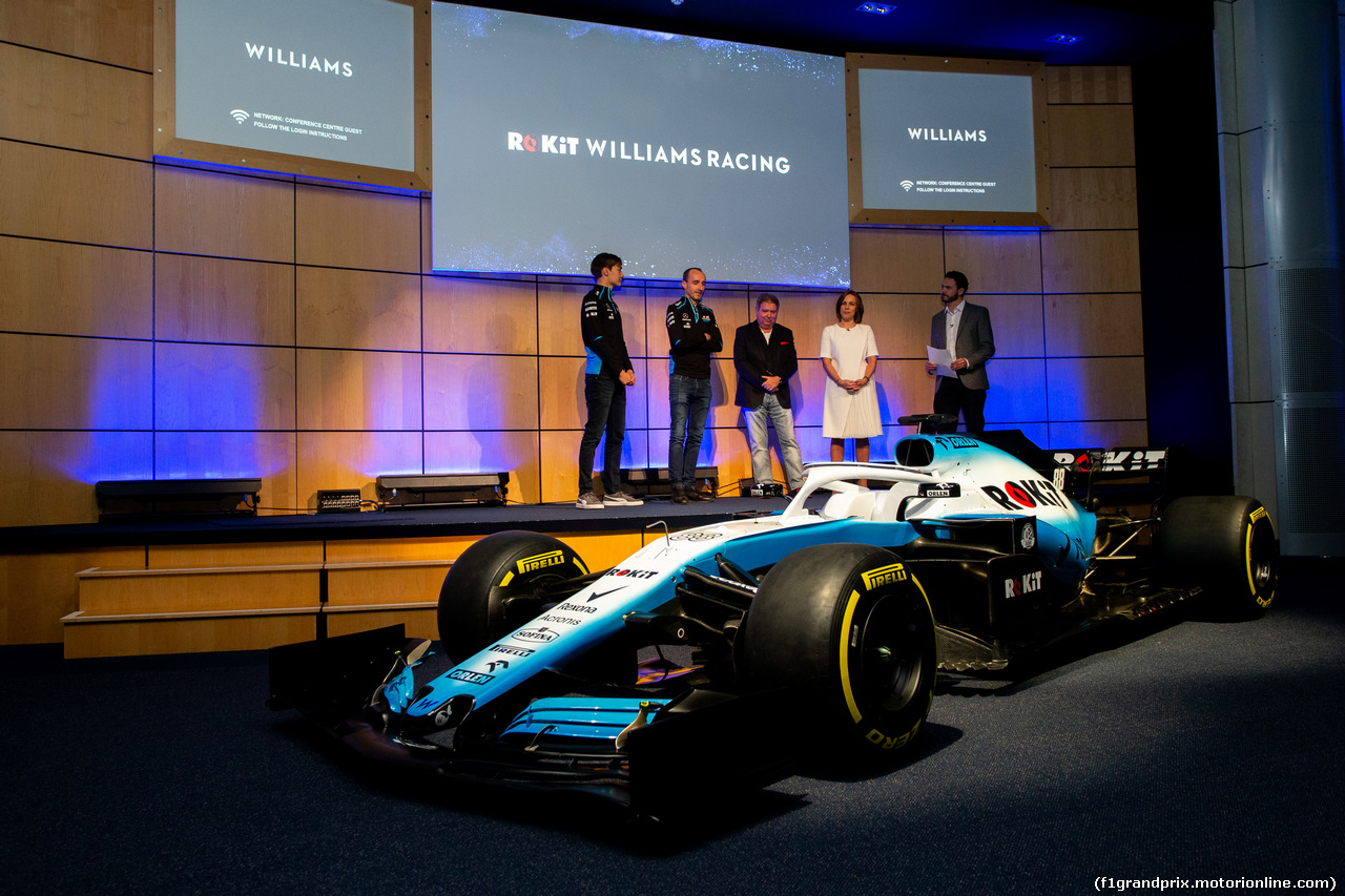 WILLIAMS LIVREA ROCKIT, (L to R): George Russell (GBR) Williams Racing; Robert Kubica (POL) Williams Racing; Jonathan Kendrick (GBR) ROK Group Chairman; Claire Williams (GBR) Williams Racing Deputy Team Principal.
11.02.2019.