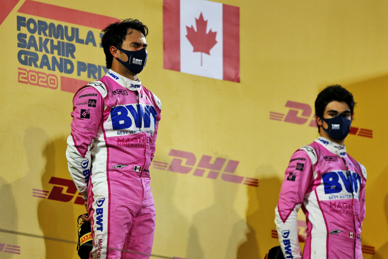 GP SAKHIR, Gara winner Sergio Perez (MEX) Racing Point F1 Team celebrates on the podium alongside third placed team mate Lance Stroll (CDN) Racing Point F1 Team.
06.12.2020. Formula 1 World Championship, Rd 16, Sakhir Grand Prix, Sakhir, Bahrain, Gara Day.
- www.xpbimages.com, EMail: requests@xpbimages.com © Copyright: Moy / XPB Images