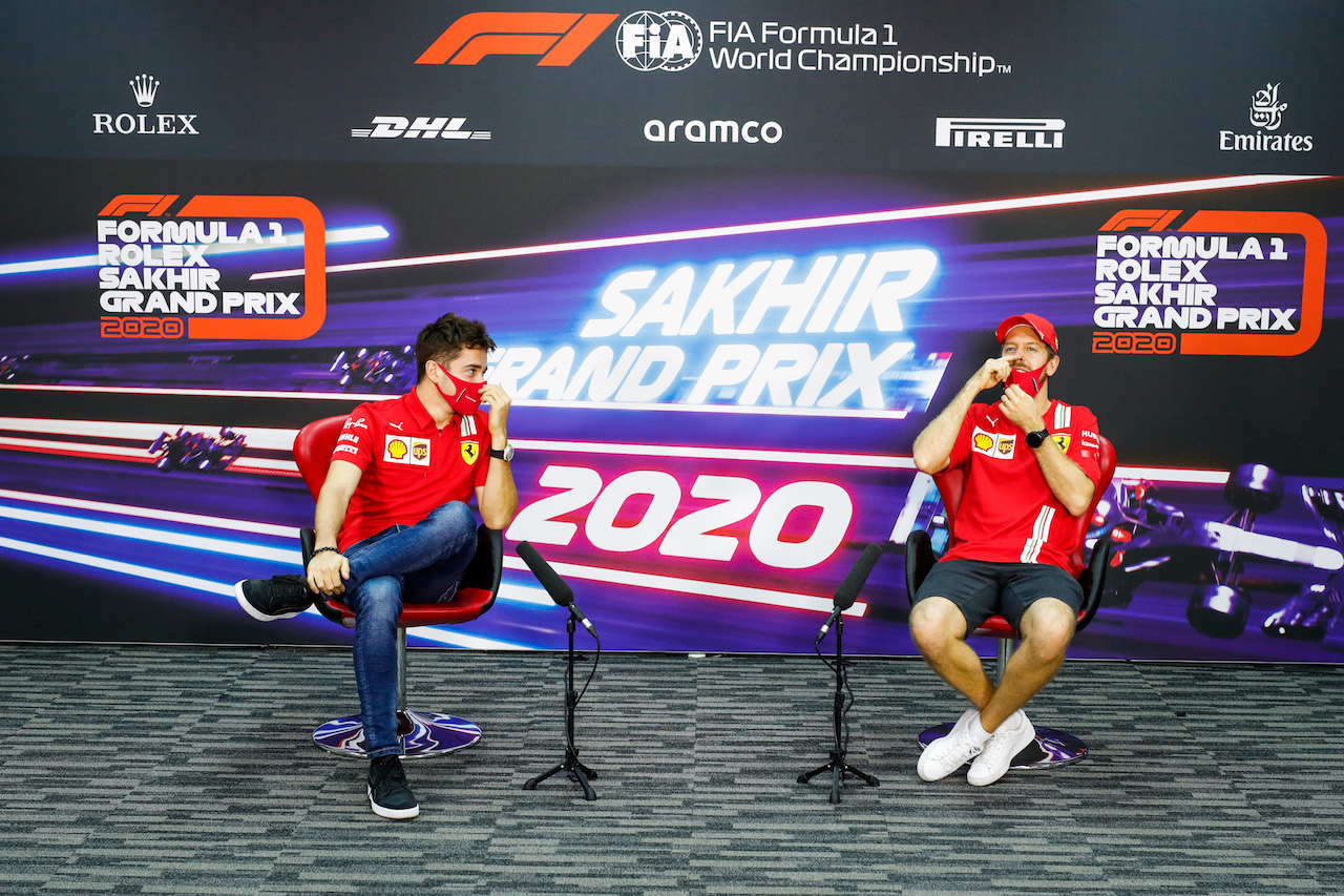GP SAKHIR, (L to R): Charles Leclerc (MON) Ferrari with team mate Sebastian Vettel (GER) Ferrari in the FIA Press Conference.
03.12.2020. Formula 1 World Championship, Rd 16, Sakhir Grand Prix, Sakhir, Bahrain, Preparation Day.
- www.xpbimages.com, EMail: requests@xpbimages.com © Copyright: FIA Pool Image for Editorial Use Only