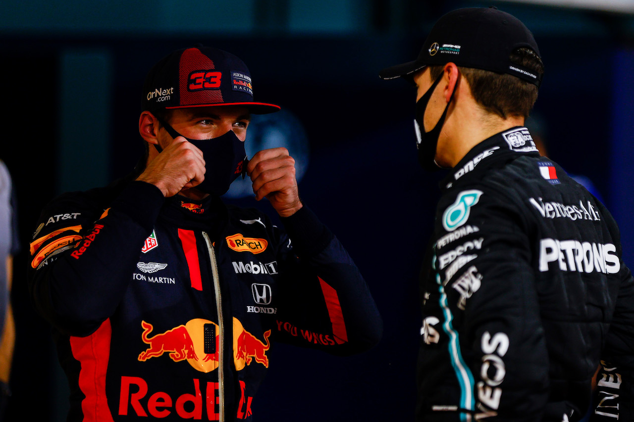 GP SAKHIR, (L to R): Max Verstappen (NLD) Red Bull Racing with George Russell (GBR) Mercedes AMG F1 in qualifying parc ferme.
05.12.2020. Formula 1 World Championship, Rd 16, Sakhir Grand Prix, Sakhir, Bahrain, Qualifiche Day.
- www.xpbimages.com, EMail: requests@xpbimages.com © Copyright: FIA Pool Image for Editorial Use Only