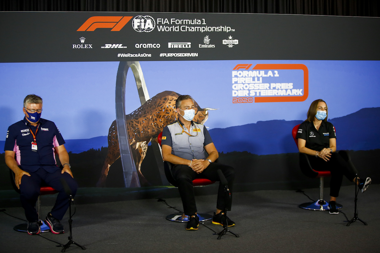 GP STIRIA, The FIA Press Conference (L to R): Otmar Szafnauer (USA) Racing Point F1 Team Principal e CEO; Mario Isola (ITA) Pirelli Racing Manager; Claire Williams (GBR) Williams Racing Deputy Team Principal.
10.07.2020. Formula 1 World Championship, Rd 2, Steiermark Grand Prix, Spielberg, Austria, Practice Day.
- www.xpbimages.com, EMail: requests@xpbimages.com - copy of publication required for printed pictures. Every used picture is fee-liable. © Copyright: FIA Pool Image for Editorial Use Only