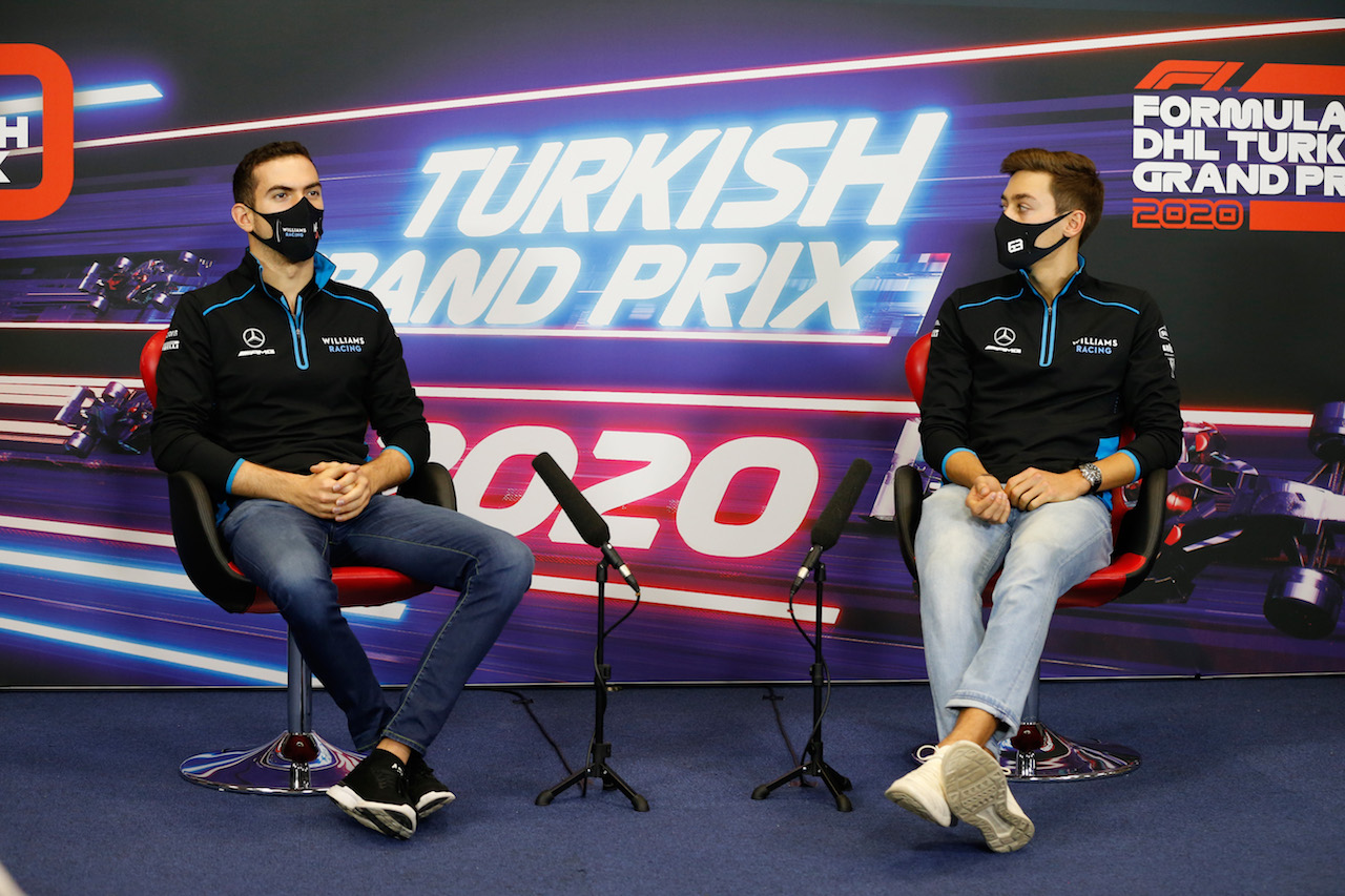 GP TURCHIA, (L to R): Nicholas Latifi (CDN) Williams Racing e team mate George Russell (GBR) Williams Racing in the FIA Press Conference.
12.11.2020. Formula 1 World Championship, Rd 14, Turkish Grand Prix, Istanbul, Turkey, Preparation Day.
- www.xpbimages.com, EMail: requests@xpbimages.com © Copyright: FIA Pool Image for Editorial Use Only