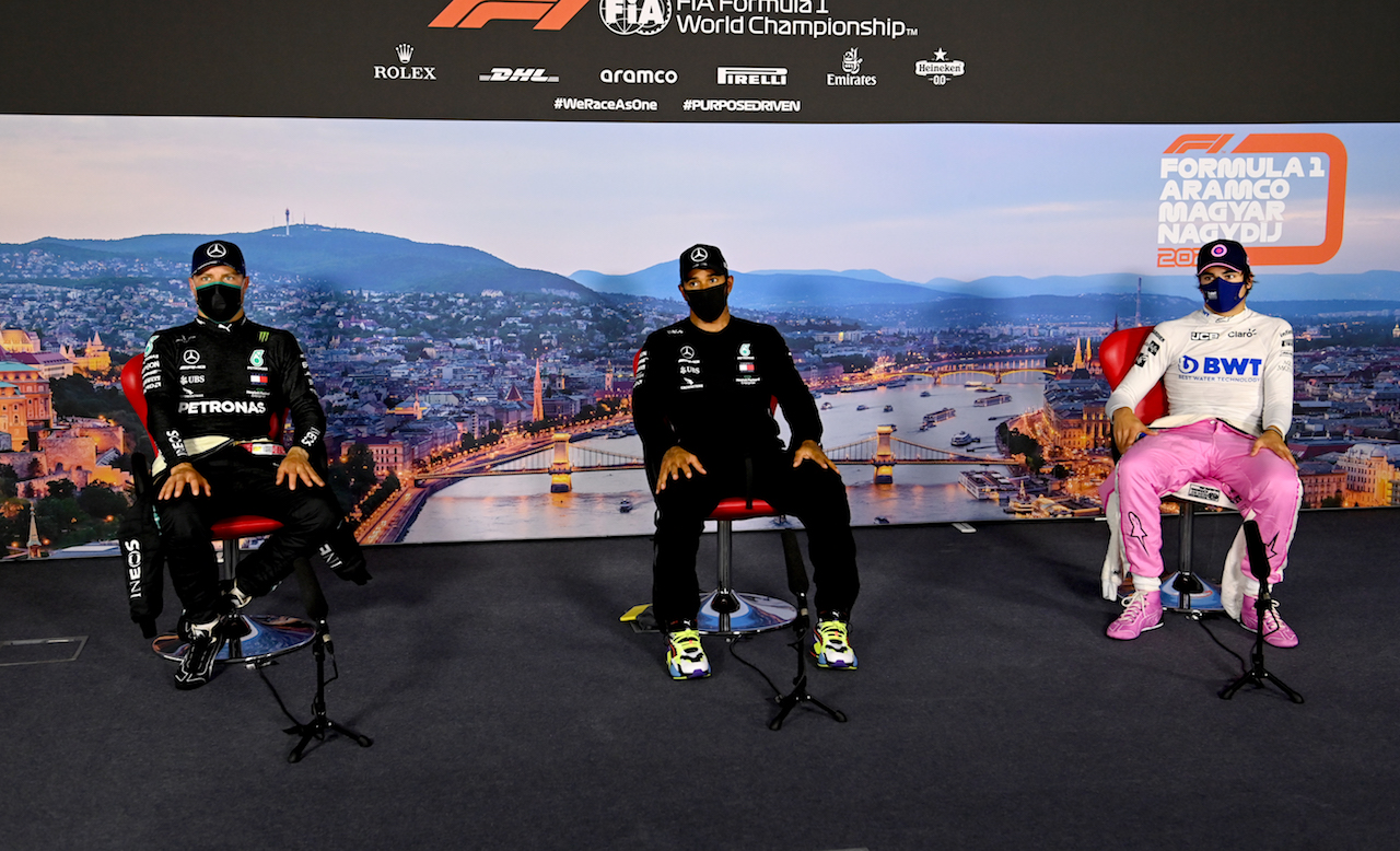 GP UNGHERIA, (L to R): Valtteri Bottas (FIN) Mercedes AMG F1; Lewis Hamilton (GBR) Mercedes AMG F1; Lance Stroll (CDN) Racing Point F1 Team RP20, in the post qualifying FIA Press Conference.
18.07.2020. Formula 1 World Championship, Rd 3, Hungarian Grand Prix, Budapest, Hungary, Qualifiche Day.
- www.xpbimages.com, EMail: requests@xpbimages.com - copy of publication required for printed pictures. Every used picture is fee-liable. © Copyright: FIA Pool Image for Editorial Use Only