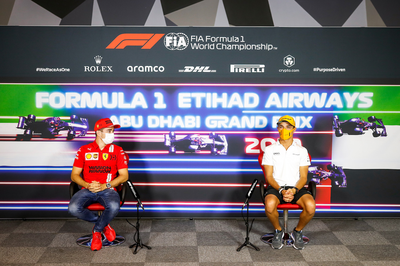 GP ABU DHABI, Charles Leclerc (MON) Ferrari e Lando Norris (GBR) McLaren in the FIA Press Conference.
09.12.2021. Formula 1 World Championship, Rd 22, Abu Dhabi Grand Prix, Yas Marina Circuit, Abu Dhabi, Preparation Day.
- www.xpbimages.com, EMail: requests@xpbimages.com © Copyright: FIA Pool Image for Editorial Use Only