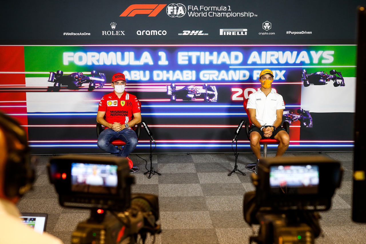 GP ABU DHABI, Charles Leclerc (MON) Ferrari e Lando Norris (GBR) McLaren in the FIA Press Conference.
09.12.2021. Formula 1 World Championship, Rd 22, Abu Dhabi Grand Prix, Yas Marina Circuit, Abu Dhabi, Preparation Day.
- www.xpbimages.com, EMail: requests@xpbimages.com © Copyright: FIA Pool Image for Editorial Use Only