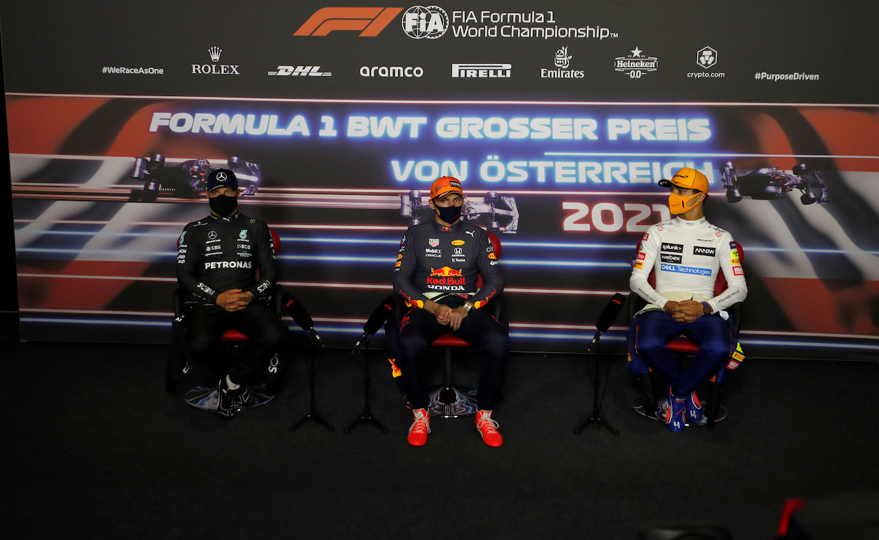 GP AUSTRIA, (L to R): Valtteri Bottas (FIN) Mercedes AMG F1; Max Verstappen (NLD) Red Bull Racing; e Lando Norris (GBR) McLaren, in the post race FIA Press Conference.
04.07.2021. Formula 1 World Championship, Rd 9, Austrian Grand Prix, Spielberg, Austria, Gara Day.
- www.xpbimages.com, EMail: requests@xpbimages.com © Copyright: FIA Pool Image for Editorial Use Only