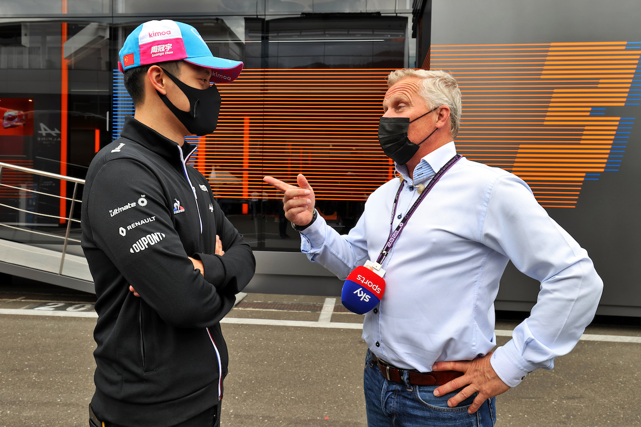 GP AUSTRIA, (L to R): Guanyu Zhou (CHN) Alpine F1 Team Test Driver with Johnny Herbert (GBR) Sky Sports F1 Presenter.
02.07.2021. Formula 1 World Championship, Rd 9, Austrian Grand Prix, Spielberg, Austria, Practice Day.
- www.xpbimages.com, EMail: requests@xpbimages.com © Copyright: Moy / XPB Images