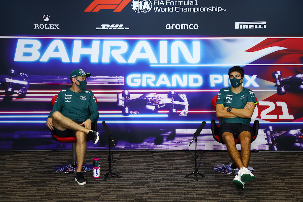 GP BAHRAIN, (L to R): Sebastian Vettel (GER) Aston Martin F1 Team e team mate Lance Stroll (CDN) Aston Martin F1 Team in the FIA Press Conference.
25.03.2021. Formula 1 World Championship, Rd 1, Bahrain Grand Prix, Sakhir, Bahrain, Preparation Day.
- www.xpbimages.com, EMail: requests@xpbimages.com © Copyright: FIA Pool Image for Editorial Use Only