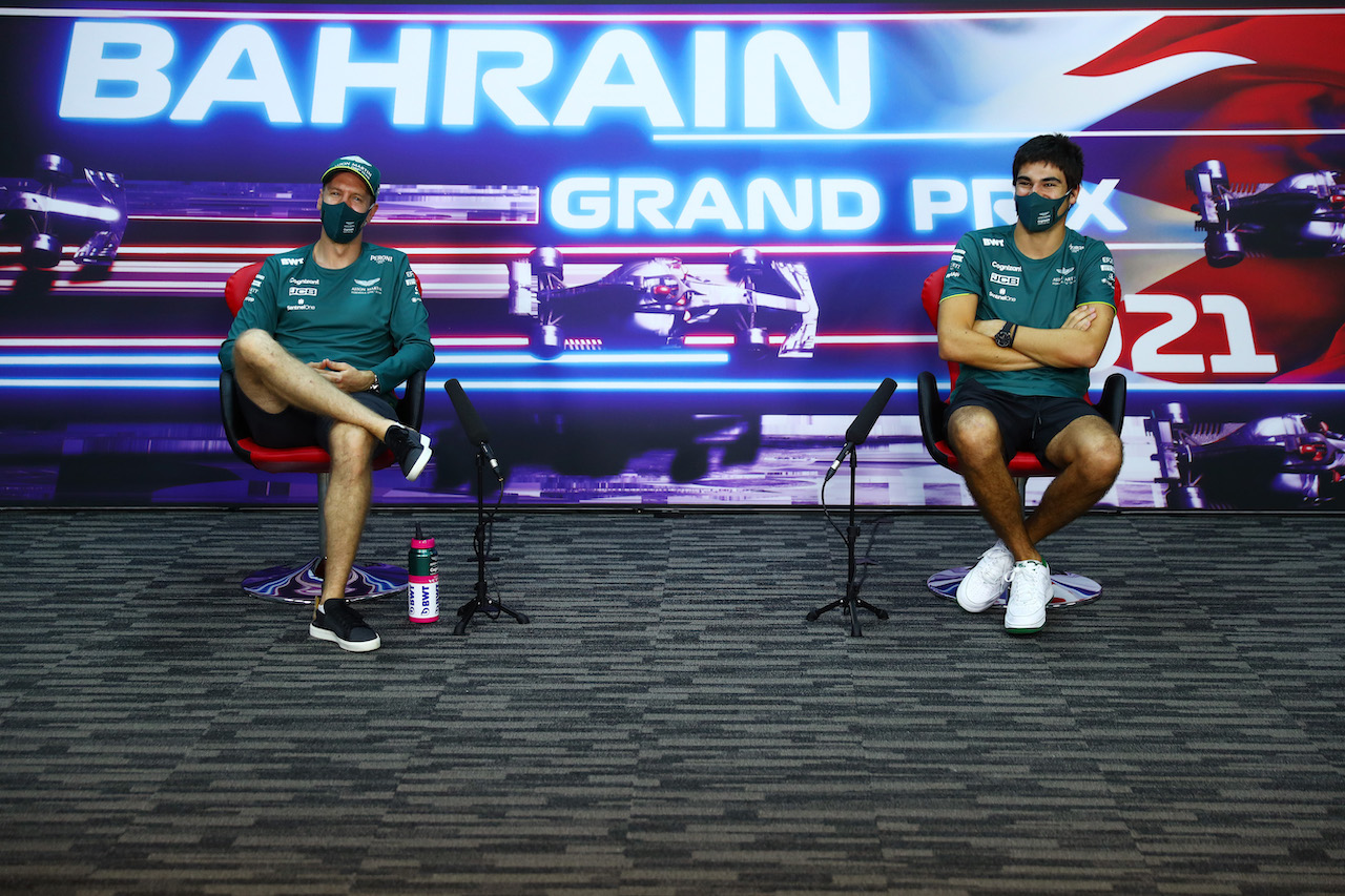 GP BAHRAIN, (L to R): Sebastian Vettel (GER) Aston Martin F1 Team e team mate Lance Stroll (CDN) Aston Martin F1 Team in the FIA Press Conference.
25.03.2021. Formula 1 World Championship, Rd 1, Bahrain Grand Prix, Sakhir, Bahrain, Preparation Day.
- www.xpbimages.com, EMail: requests@xpbimages.com © Copyright: FIA Pool Image for Editorial Use Only
