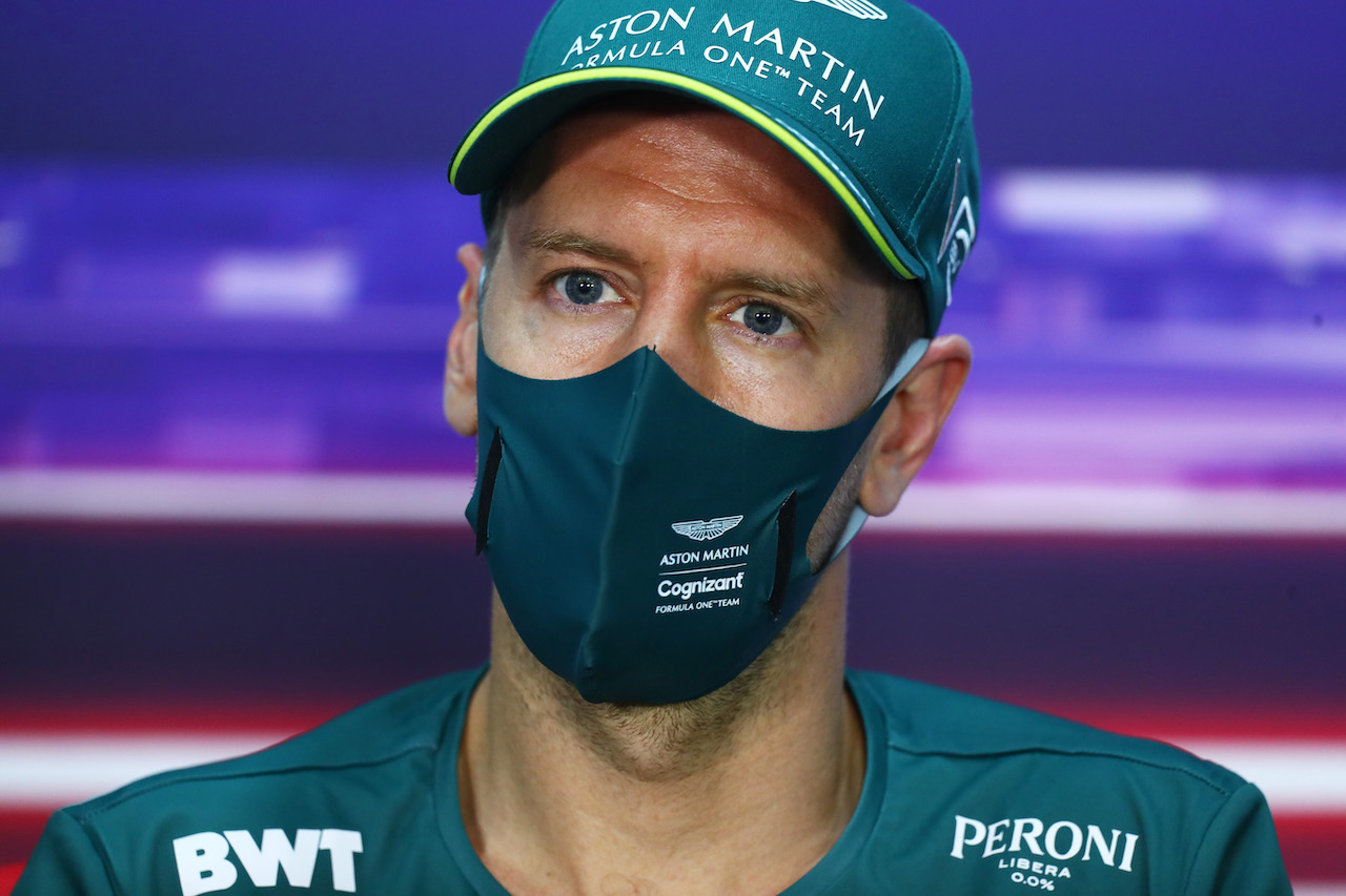 GP BAHRAIN, Sebastian Vettel (GER) Aston Martin F1 Team in the FIA Press Conference.
25.03.2021. Formula 1 World Championship, Rd 1, Bahrain Grand Prix, Sakhir, Bahrain, Preparation Day.
- www.xpbimages.com, EMail: requests@xpbimages.com © Copyright: FIA Pool Image for Editorial Use Only
