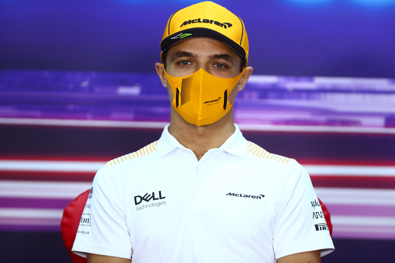 GP BAHRAIN, Lando Norris (GBR) McLaren in the FIA Press Conference.
25.03.2021. Formula 1 World Championship, Rd 1, Bahrain Grand Prix, Sakhir, Bahrain, Preparation Day.
- www.xpbimages.com, EMail: requests@xpbimages.com © Copyright: FIA Pool Image for Editorial Use Only