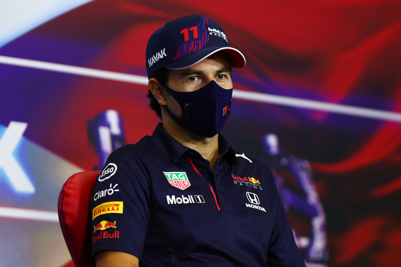 GP BAHRAIN, Sergio Perez (MEX) Red Bull Racing in the FIA Press Conference.
25.03.2021. Formula 1 World Championship, Rd 1, Bahrain Grand Prix, Sakhir, Bahrain, Preparation Day.
- www.xpbimages.com, EMail: requests@xpbimages.com © Copyright: FIA Pool Image for Editorial Use Only
