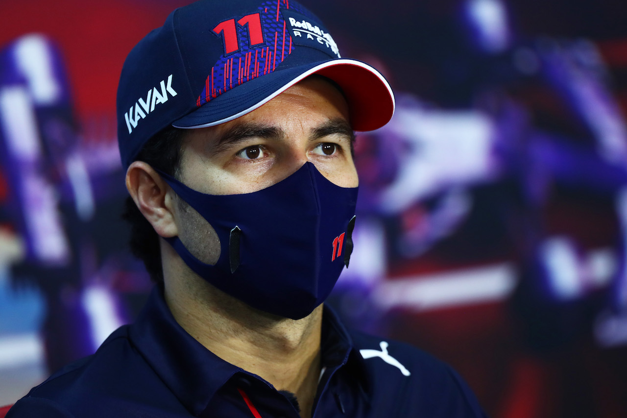 GP BAHRAIN, Sergio Perez (MEX) Red Bull Racing in the FIA Press Conference.
25.03.2021. Formula 1 World Championship, Rd 1, Bahrain Grand Prix, Sakhir, Bahrain, Preparation Day.
- www.xpbimages.com, EMail: requests@xpbimages.com © Copyright: FIA Pool Image for Editorial Use Only