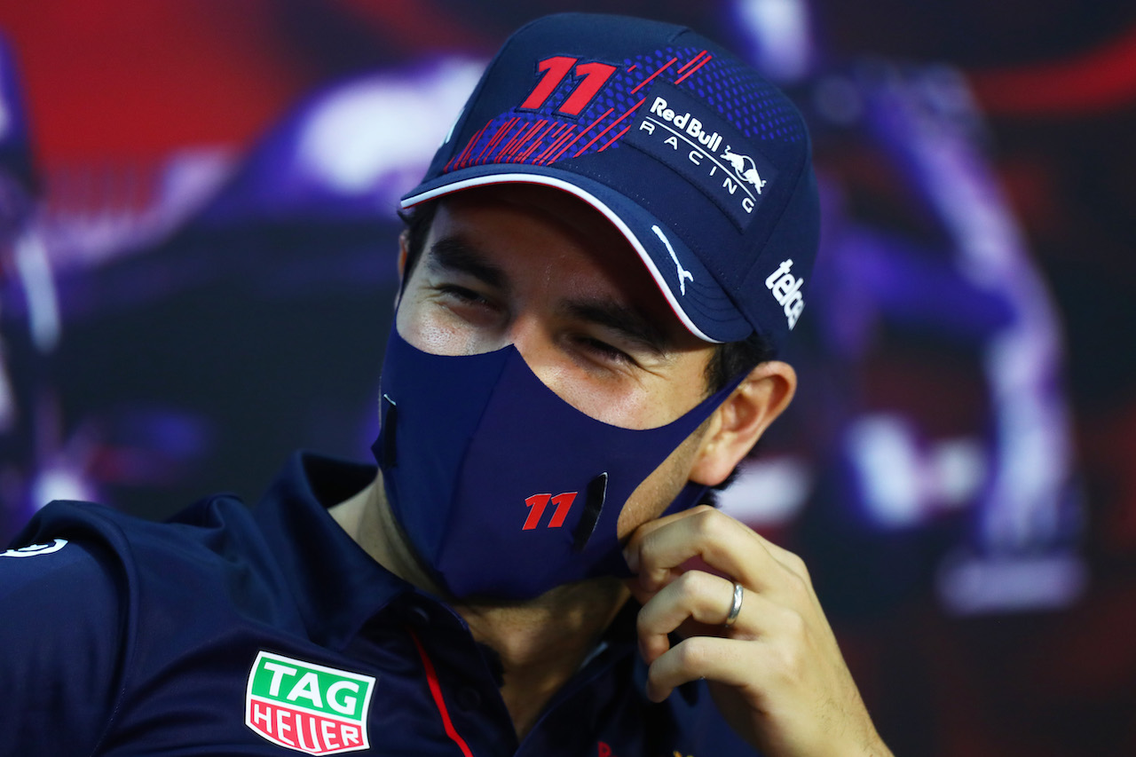 GP BAHRAIN, Sergio Perez (MEX) Red Bull Racing in the FIA Press Conference.
25.03.2021. Formula 1 World Championship, Rd 1, Bahrain Grand Prix, Sakhir, Bahrain, Preparation Day.
- www.xpbimages.com, EMail: requests@xpbimages.com © Copyright: FIA Pool Image for Editorial Use Only