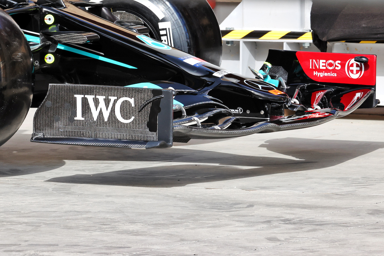 GP BAHRAIN, Mercedes AMG F1 W12 front wing.
25.03.2021. Formula 1 World Championship, Rd 1, Bahrain Grand Prix, Sakhir, Bahrain, Preparation Day.
- www.xpbimages.com, EMail: requests@xpbimages.com © Copyright: Batchelor / XPB Images