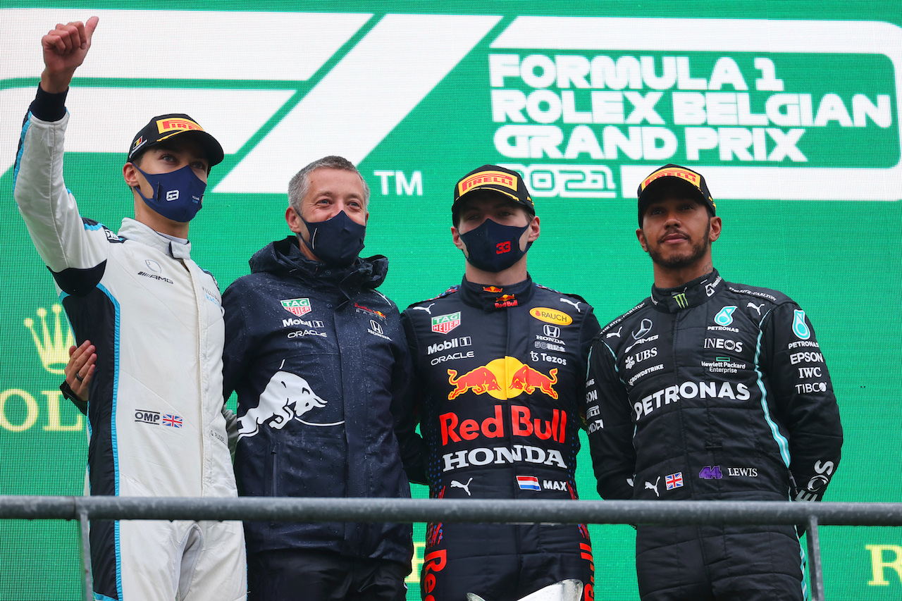 GP BELGIO, 1st place Max Verstappen (NLD) Red Bull Racing RB16B, 2nd place George Russell (GBR) Williams Racing FW43B e 3rd place Lewis Hamilton (GBR) Mercedes AMG F1 W12.
29.08.2021. Formula 1 World Championship, Rd 12, Belgian Grand Prix, Spa Francorchamps, Belgium, Gara Day.
- www.xpbimages.com, EMail: requests@xpbimages.com ¬© Copyright: Batchelor / XPB Images