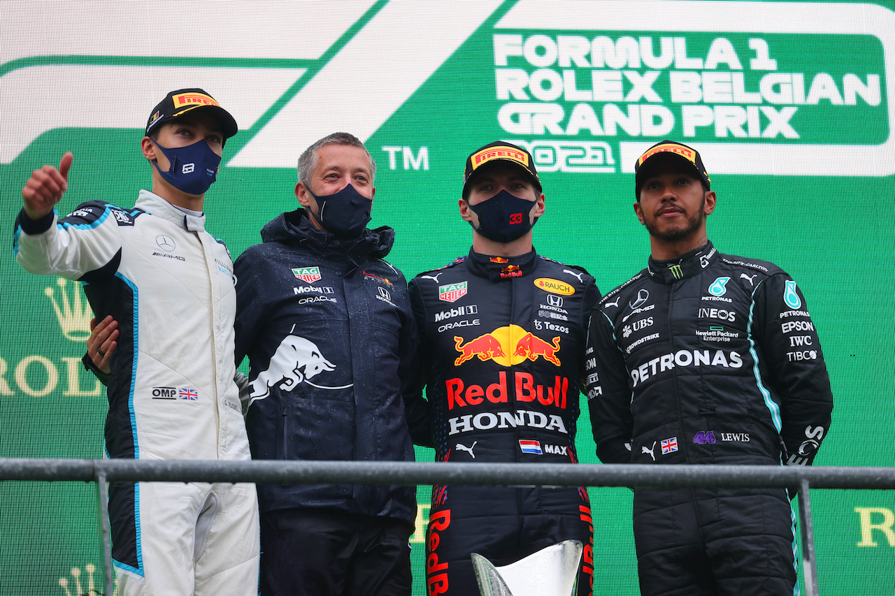 GP BELGIO, 1st place Max Verstappen (NLD) Red Bull Racing RB16B, 2nd place George Russell (GBR) Williams Racing FW43B e 3rd place Lewis Hamilton (GBR) Mercedes AMG F1 W12.
29.08.2021. Formula 1 World Championship, Rd 12, Belgian Grand Prix, Spa Francorchamps, Belgium, Gara Day.
- www.xpbimages.com, EMail: requests@xpbimages.com © Copyright: Batchelor / XPB Images