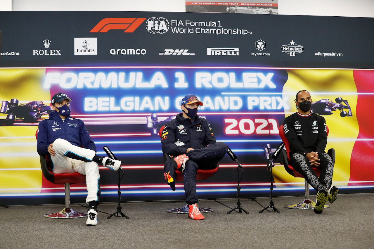 GP BELGIO, (L to R): George Russell (GBR) Williams Racing; Max Verstappen (NLD) Red Bull Racing; e Lewis Hamilton (GBR) Mercedes AMG F1 in the post race FIA Press Conference.
29.08.2021. Formula 1 World Championship, Rd 12, Belgian Grand Prix, Spa Francorchamps, Belgium, Gara Day.
- www.xpbimages.com, EMail: requests@xpbimages.com © Copyright: FIA Pool Image for Editorial Use Only