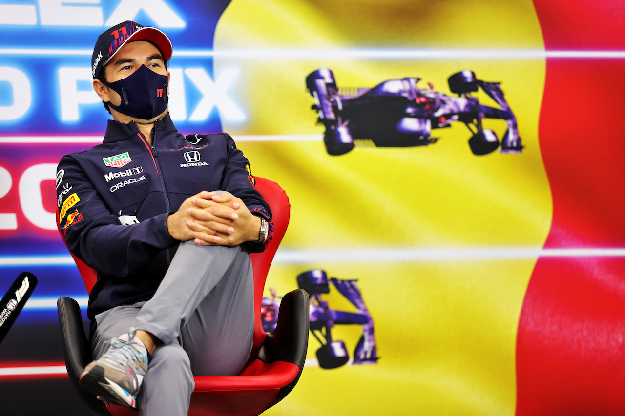 GP BELGIO, Sergio Perez (MEX) Red Bull Racing in the FIA Press Conference.
26.08.2021. Formula 1 World Championship, Rd 12, Belgian Grand Prix, Spa Francorchamps, Belgium, Preparation Day.
- www.xpbimages.com, EMail: requests@xpbimages.com © Copyright: Charniaux / XPB Images
