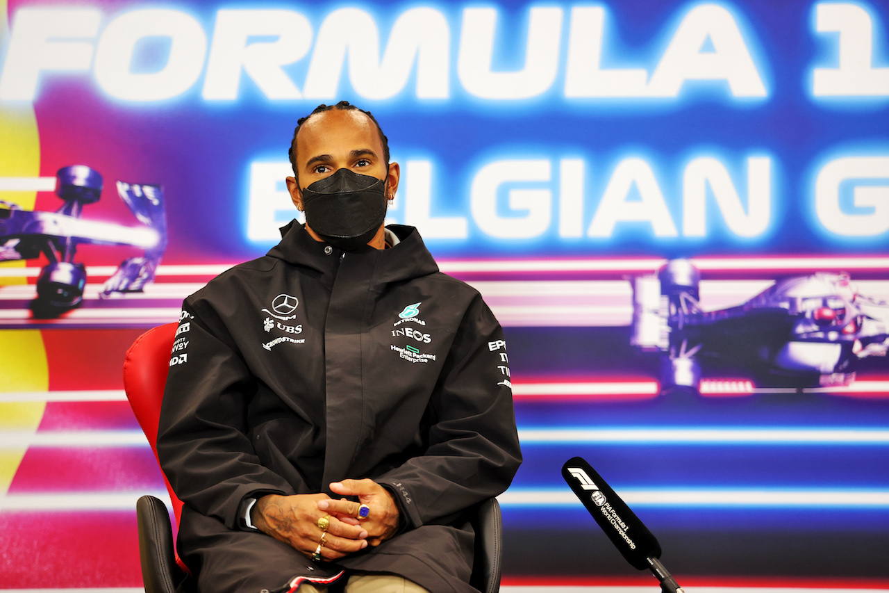 GP BELGIO, Lewis Hamilton (GBR) Mercedes AMG F1 in the FIA Press Conference.
26.08.2021. Formula 1 World Championship, Rd 12, Belgian Grand Prix, Spa Francorchamps, Belgium, Preparation Day.
- www.xpbimages.com, EMail: requests@xpbimages.com © Copyright: Charniaux / XPB Images