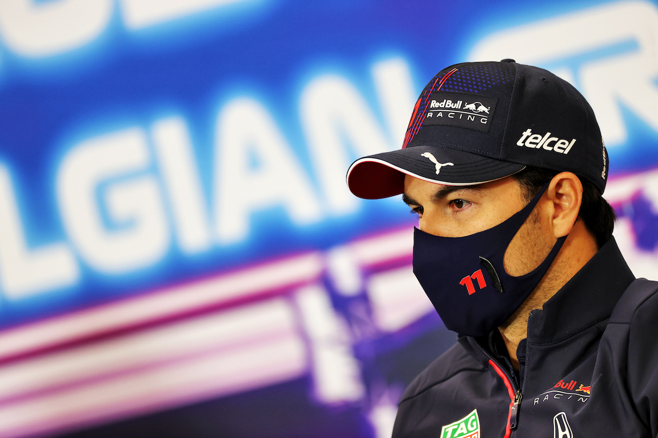 GP BELGIO, Sergio Perez (MEX) Red Bull Racing in the FIA Press Conference.
26.08.2021. Formula 1 World Championship, Rd 12, Belgian Grand Prix, Spa Francorchamps, Belgium, Preparation Day.
- www.xpbimages.com, EMail: requests@xpbimages.com © Copyright: Charniaux / XPB Images