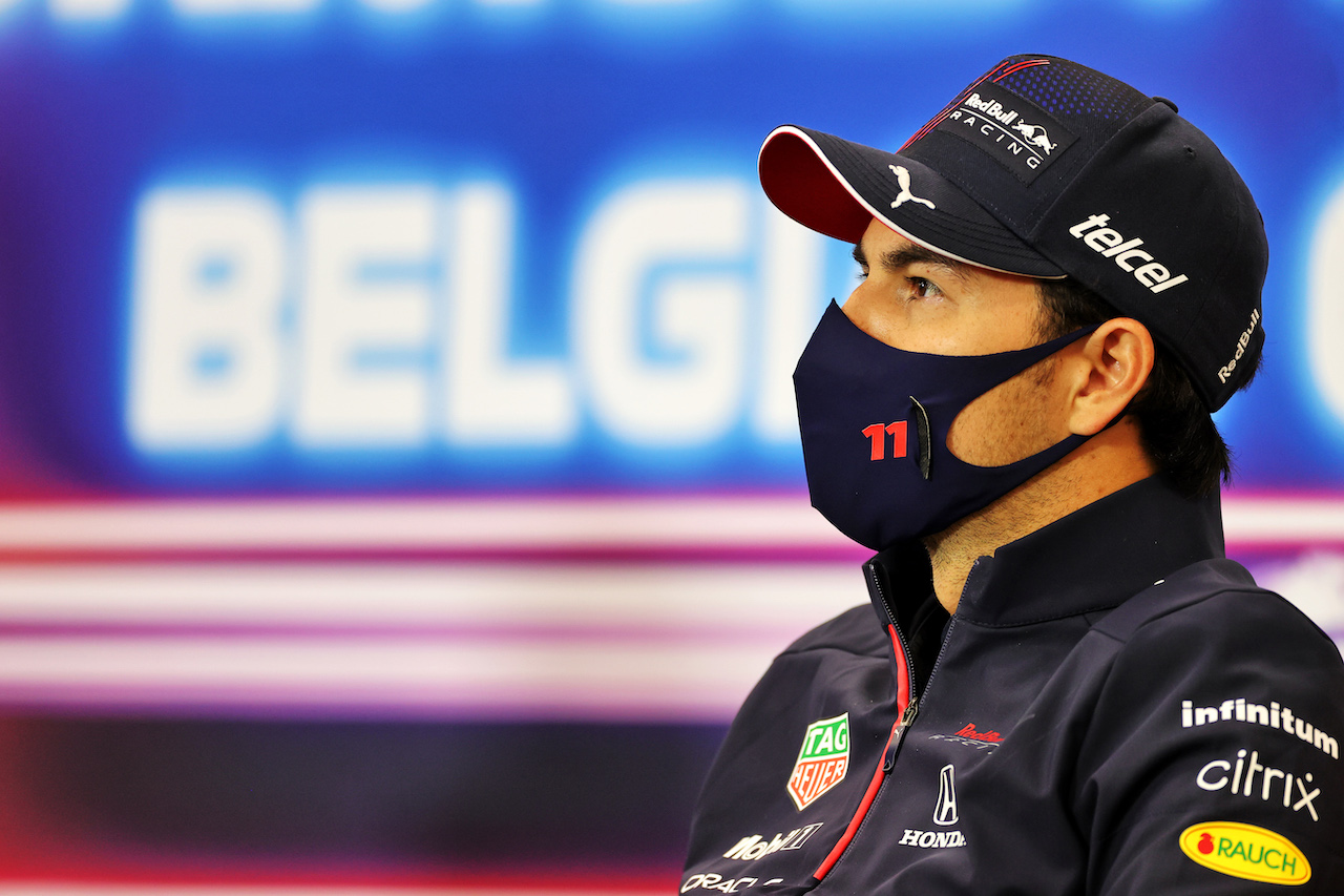 GP BELGIO, Sergio Perez (MEX) Red Bull Racing in the FIA Press Conference.
26.08.2021. Formula 1 World Championship, Rd 12, Belgian Grand Prix, Spa Francorchamps, Belgium, Preparation Day.
- www.xpbimages.com, EMail: requests@xpbimages.com © Copyright: Charniaux / XPB Images