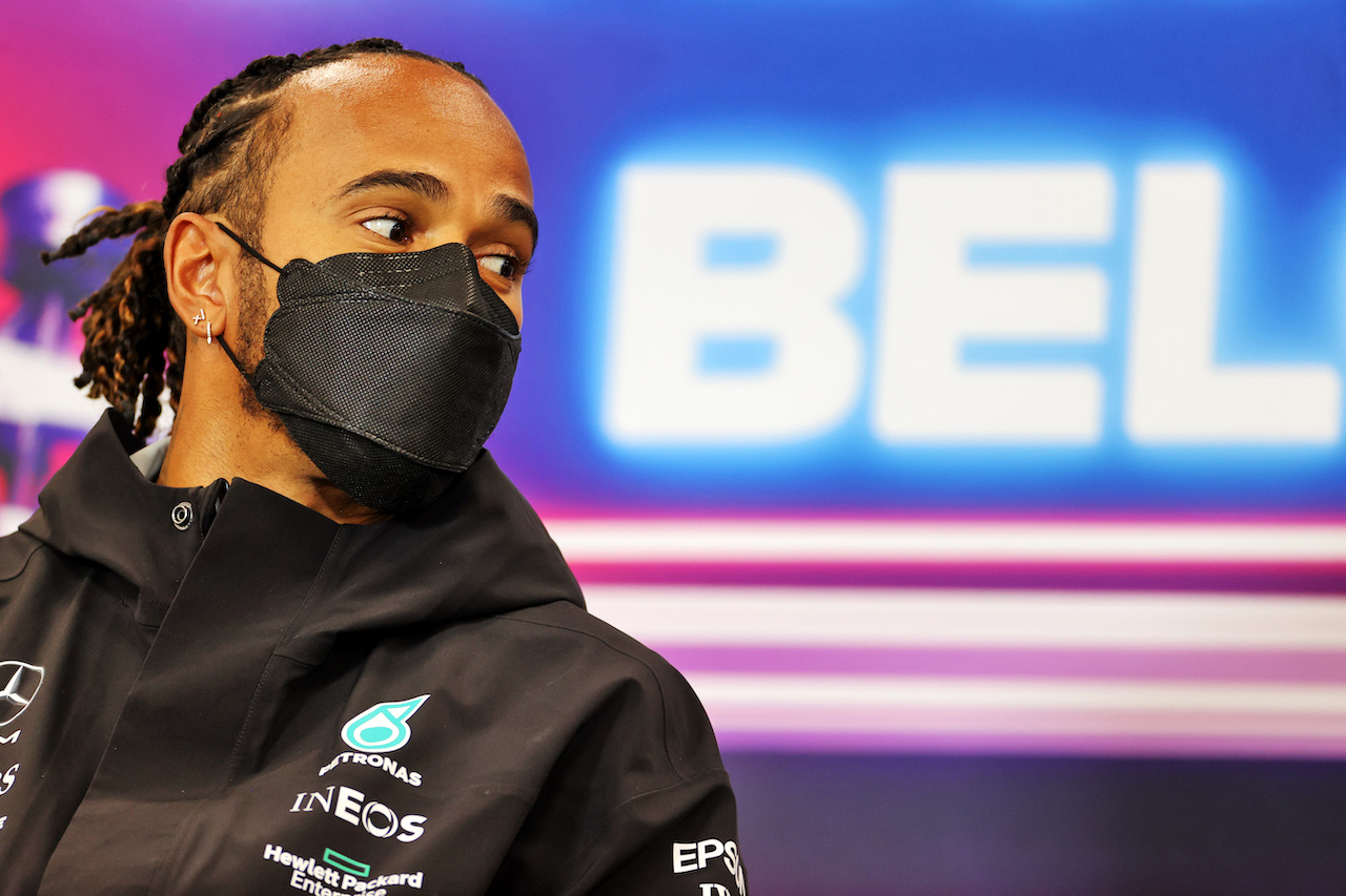 GP BELGIO, Lewis Hamilton (GBR) Mercedes AMG F1 in the FIA Press Conference.
26.08.2021. Formula 1 World Championship, Rd 12, Belgian Grand Prix, Spa Francorchamps, Belgium, Preparation Day.
- www.xpbimages.com, EMail: requests@xpbimages.com © Copyright: Charniaux / XPB Images