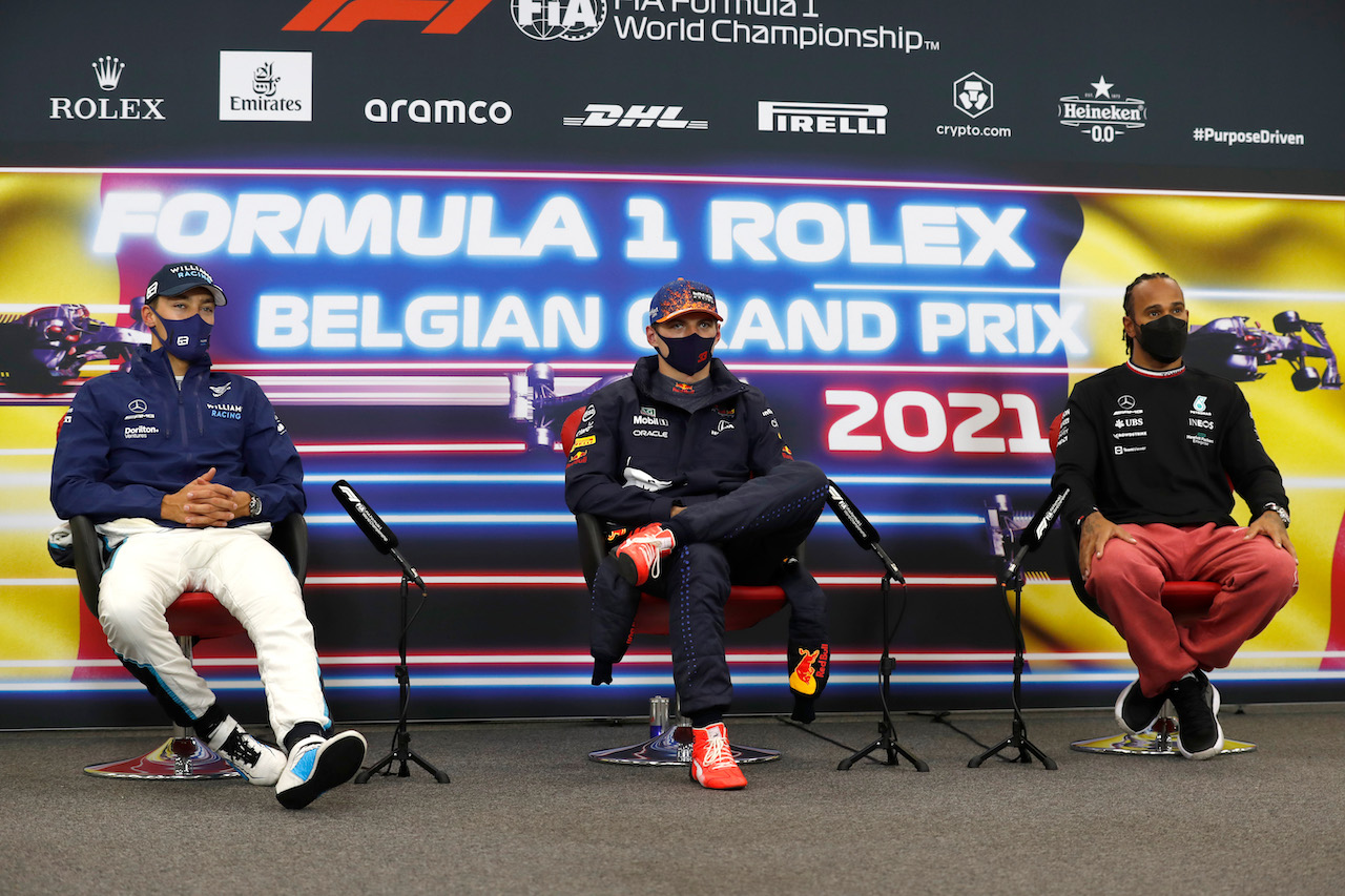 GP BELGIO, (L to R): George Russell (GBR) Williams Racing; Max Verstappen (NLD) Red Bull Racing; e Lewis Hamilton (GBR) Mercedes AMG F1, in the post qualifying FIA Press Conference.
28.08.2021. Formula 1 World Championship, Rd 12, Belgian Grand Prix, Spa Francorchamps, Belgium, Qualifiche Day.
- www.xpbimages.com, EMail: requests@xpbimages.com © Copyright: FIA Pool Image for Editorial Use Only