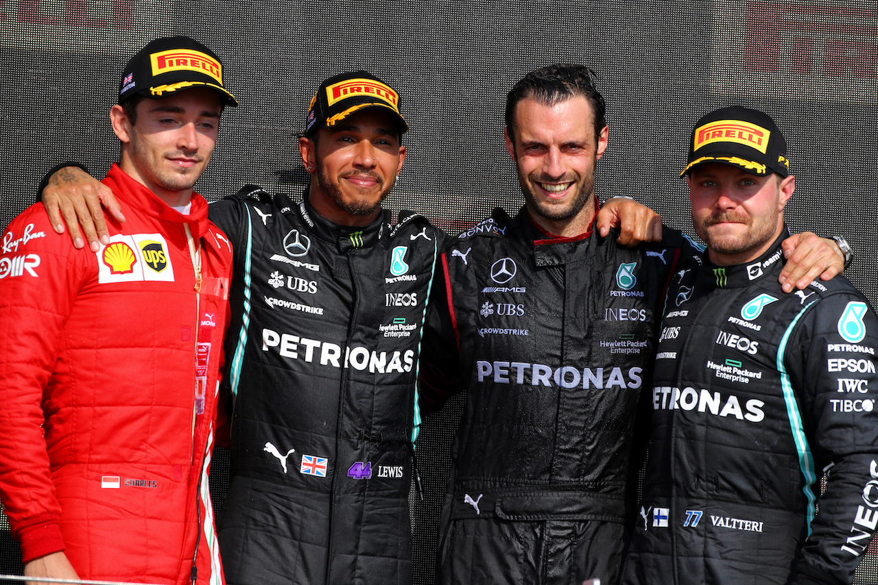 GP GRAN BRETAGNA, The podium (L to R): Charles Leclerc (MON) Ferrari, second; Lewis Hamilton (GBR) Mercedes AMG F1, vincitore; Valtteri Bottas (FIN) Mercedes AMG F1, third.
18.07.2021. Formula 1 World Championship, Rd 10, British Grand Prix, Silverstone, England, Gara Day.
 - www.xpbimages.com, EMail: requests@xpbimages.com © Copyright: Davenport / XPB Images