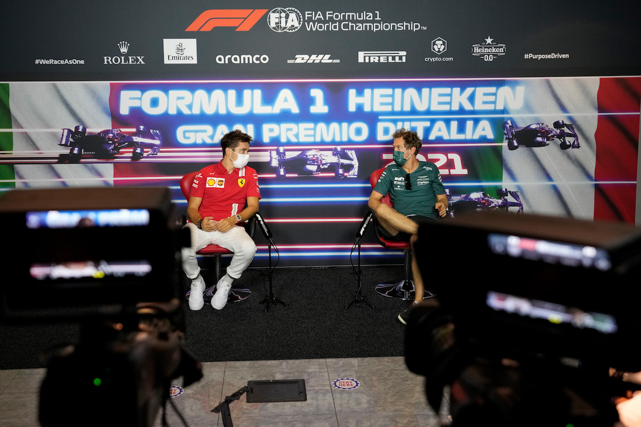 GP ITALIA, (L to R): Charles Leclerc (MON) Ferrari e Sebastian Vettel (GER) Aston Martin F1 Team in the FIA Press Conference.
09.09.2021. Formula 1 World Championship, Rd 14, Italian Grand Prix, Monza, Italy, Preparation Day.
- www.xpbimages.com, EMail: requests@xpbimages.com © Copyright: FIA Pool Image for Editorial Use Only