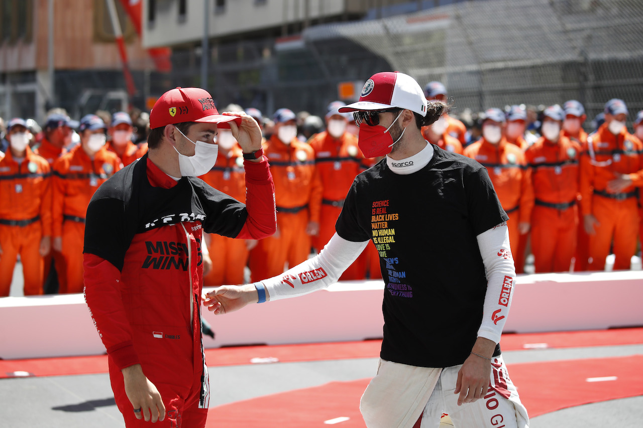 GP MONACO, (L to R): Charles Leclerc (MON) Ferrari with Antonio Giovinazzi (ITA) Alfa Romeo Racing on the grid.
23.05.2021. Formula 1 World Championship, Rd 5, Monaco Grand Prix, Monte Carlo, Monaco, Gara Day.
- www.xpbimages.com, EMail: requests@xpbimages.com © Copyright: FIA Pool Image for Editorial Use Only