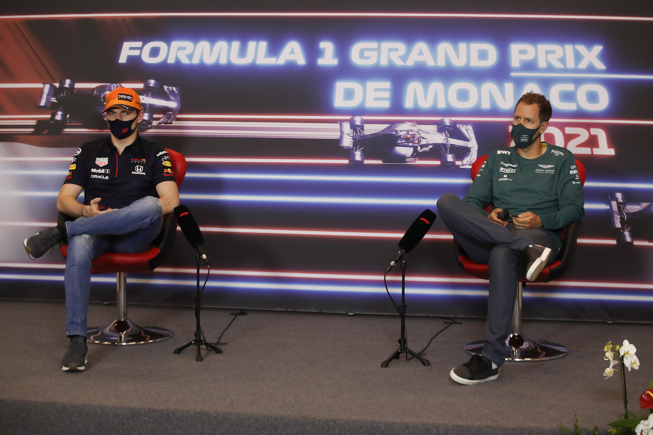 GP MONACO, (L to R): Max Verstappen (NLD) Red Bull Racing e Sebastian Vettel (GER) Aston Martin F1 Team in the FIA Press Conference.
19.05.2021. Formula 1 World Championship, Rd 5, Monaco Grand Prix, Monte Carlo, Monaco, Preparation Day.
- www.xpbimages.com, EMail: requests@xpbimages.com © Copyright: FIA Pool Image for Editorial Use Only