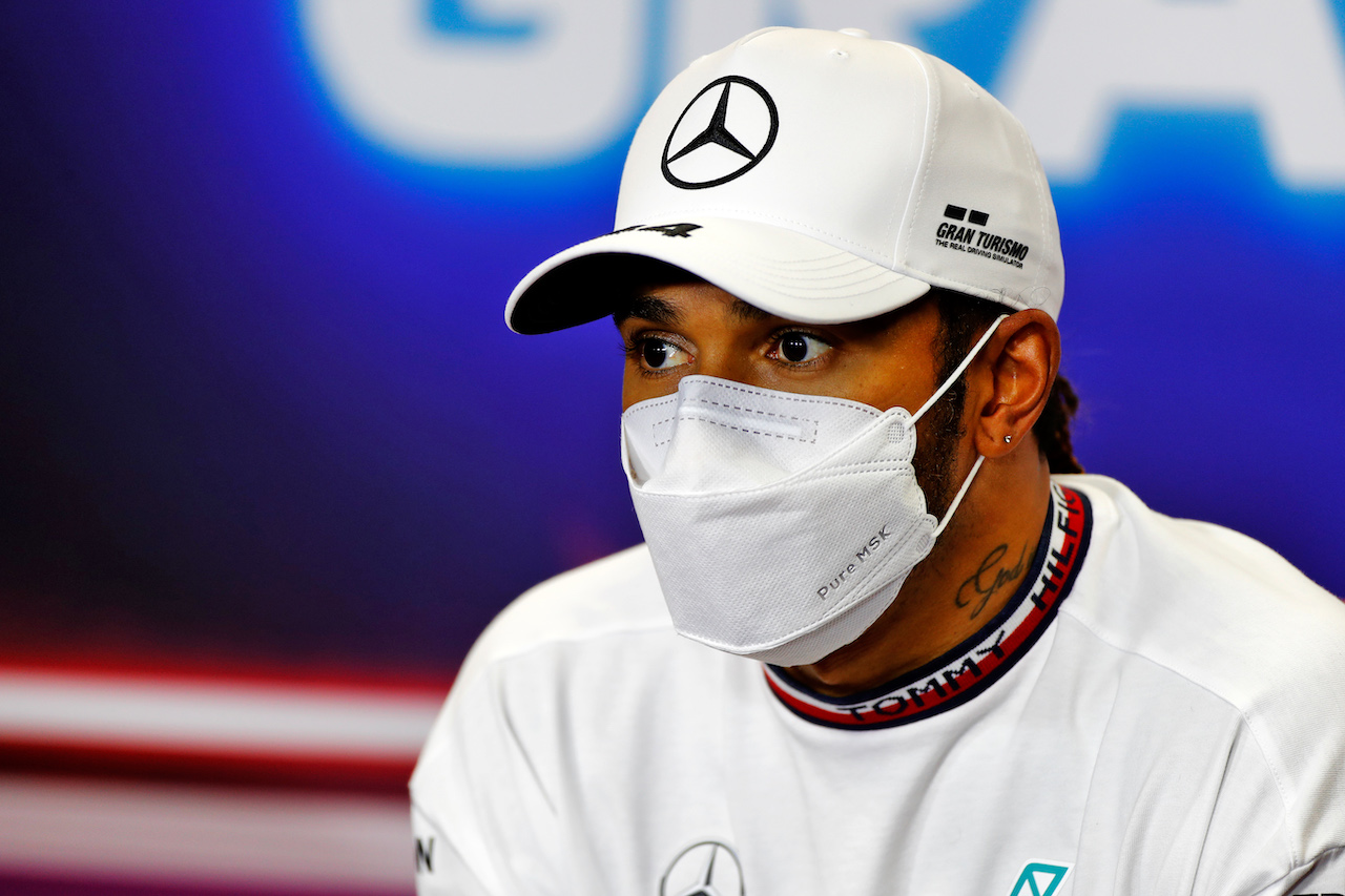 GP PORTOGALLO, Lewis Hamilton (GBR) Mercedes AMG F1 in the post race FIA Press Conference.
02.05.2021. Formula 1 World Championship, Rd 3, Portuguese Grand Prix, Portimao, Portugal, Gara Day.
 - www.xpbimages.com, EMail: requests@xpbimages.com © Copyright: Staley / XPB Images