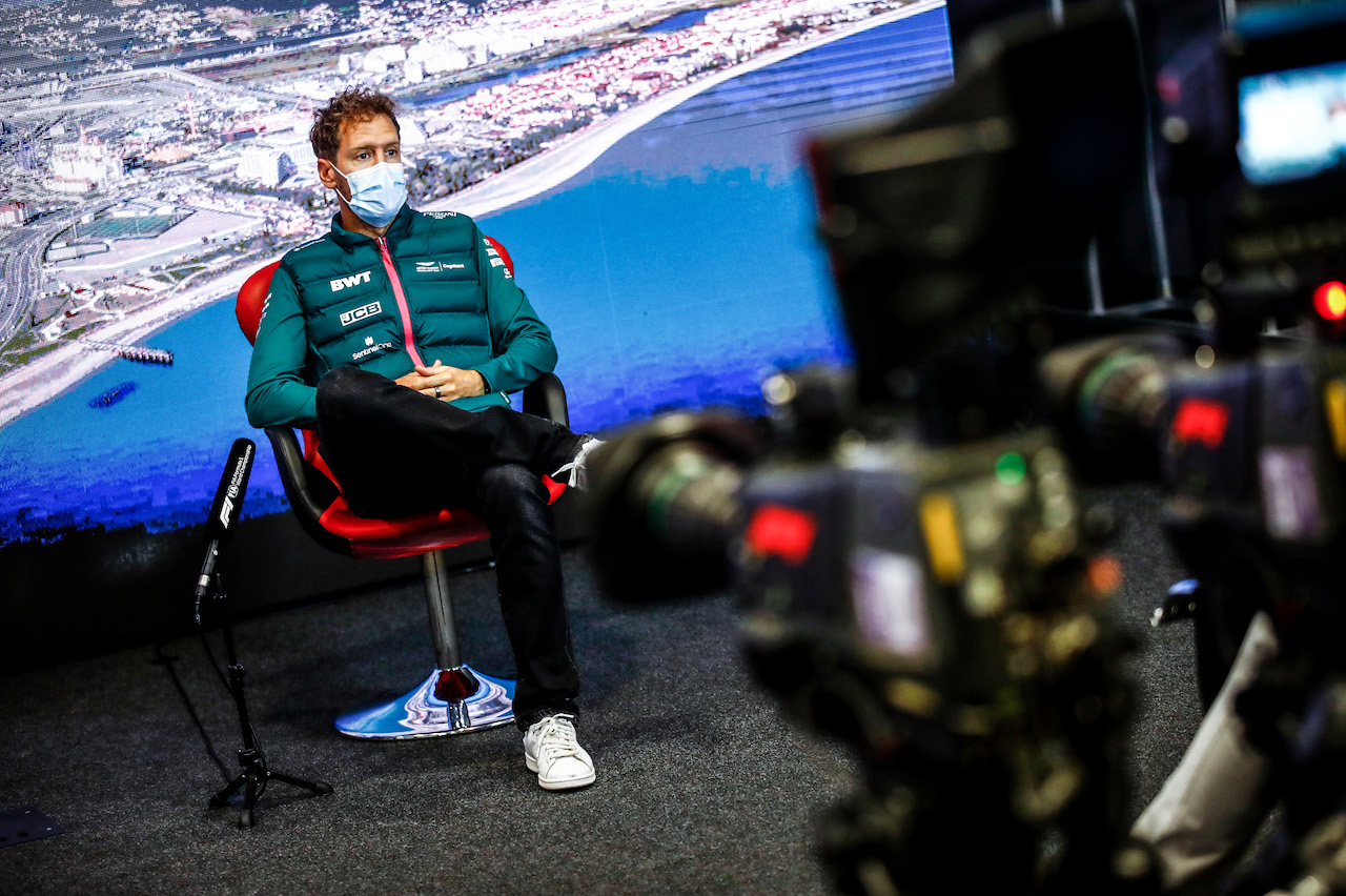GP RUSSIA, Sebastian Vettel (GER) Aston Martin F1 Team in the FIA Press Conference.
23.09.2021. Formula 1 World Championship, Rd 15, Russian Grand Prix, Sochi Autodrom, Sochi, Russia, Preparation Day.
- www.xpbimages.com, EMail: requests@xpbimages.com © Copyright: FIA Pool Image for Editorial Use Only