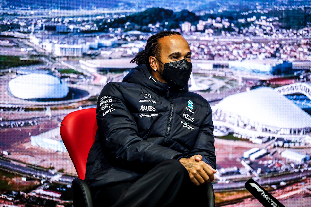 GP RUSSIA, Lewis Hamilton (GBR) Mercedes AMG F1 in the FIA Press Conference.
23.09.2021. Formula 1 World Championship, Rd 15, Russian Grand Prix, Sochi Autodrom, Sochi, Russia, Preparation Day.
- www.xpbimages.com, EMail: requests@xpbimages.com © Copyright: FIA Pool Image for Editorial Use Only
