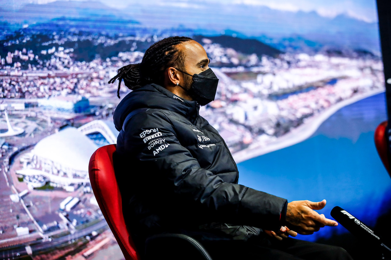 GP RUSSIA, Lewis Hamilton (GBR) Mercedes AMG F1 in the FIA Press Conference.
23.09.2021. Formula 1 World Championship, Rd 15, Russian Grand Prix, Sochi Autodrom, Sochi, Russia, Preparation Day.
- www.xpbimages.com, EMail: requests@xpbimages.com © Copyright: FIA Pool Image for Editorial Use Only