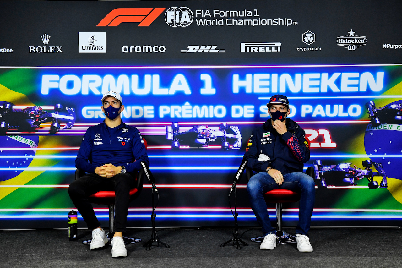 GP SAN PAOLO, (L to R): Nicholas Latifi (CDN) Williams Racing e Max Verstappen (NLD) Red Bull Racing in the FIA Press Conference.
11.11.2021. Formula 1 World Championship, Rd 19, Brazilian Grand Prix, Sao Paulo, Brazil, Preparation Day.
- www.xpbimages.com, EMail: requests@xpbimages.com © Copyright: Carezzevoli / XPB Images