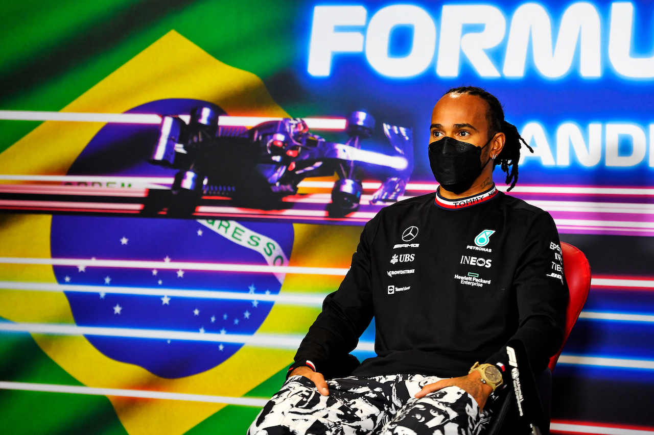 GP SAN PAOLO, Lewis Hamilton (GBR) Mercedes AMG F1 in the FIA Press Conference.
11.11.2021. Formula 1 World Championship, Rd 19, Brazilian Grand Prix, Sao Paulo, Brazil, Preparation Day.
- www.xpbimages.com, EMail: requests@xpbimages.com © Copyright: Carezzevoli / XPB Images