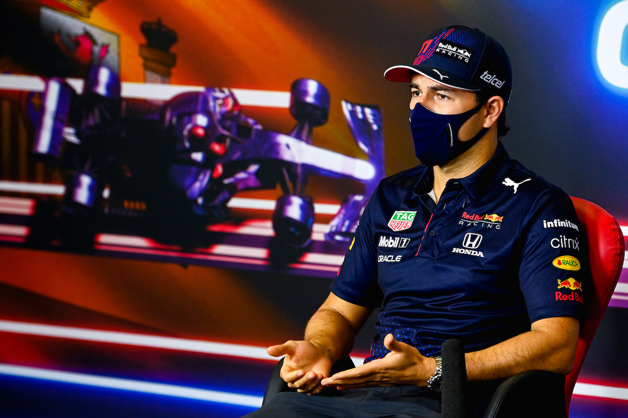 GP SPAGNA, Sergio Perez (MEX) Red Bull Racing in the FIA Press Conference.
06.05.2021. Formula 1 World Championship, Rd 4, Spanish Grand Prix, Barcelona, Spain, Preparation Day.
- www.xpbimages.com, EMail: requests@xpbimages.com © Copyright: FIA Pool Image for Editorial Use Only