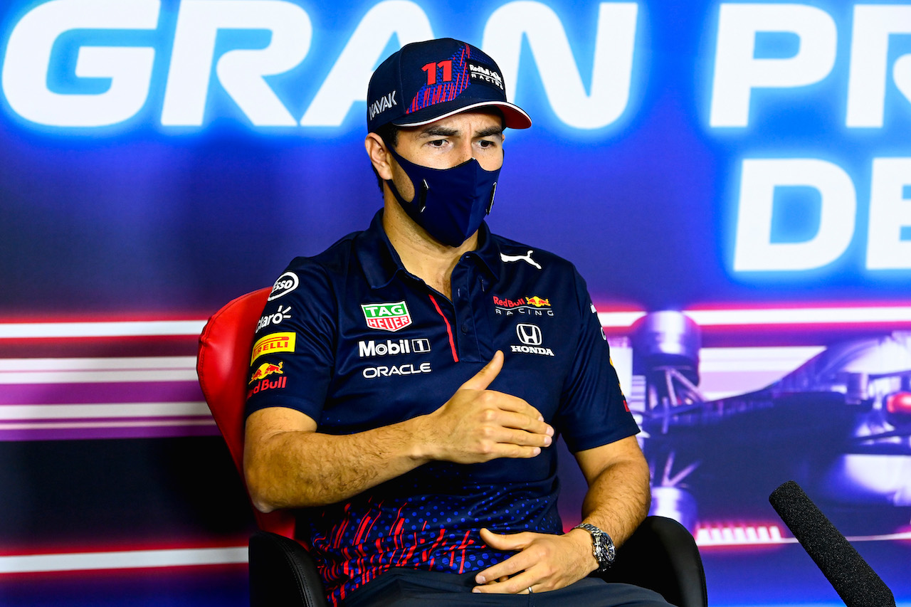 GP SPAGNA, Sergio Perez (MEX) Red Bull Racing in the FIA Press Conference.
06.05.2021. Formula 1 World Championship, Rd 4, Spanish Grand Prix, Barcelona, Spain, Preparation Day.
- www.xpbimages.com, EMail: requests@xpbimages.com © Copyright: FIA Pool Image for Editorial Use Only