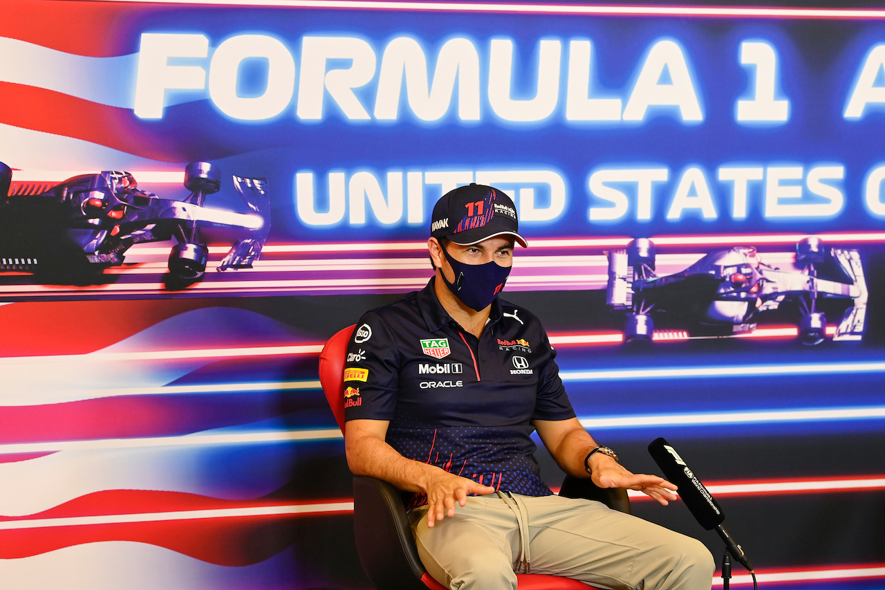 GP STATI UNITI, Sergio Perez (MEX) Red Bull Racing in the FIA Press Conference.
21.10.2021. Formula 1 World Championship, Rd 17, United States Grand Prix, Austin, Texas, USA, Preparation Day.
- www.xpbimages.com, EMail: requests@xpbimages.com © Copyright: FIA Pool Image for Editorial Use Only