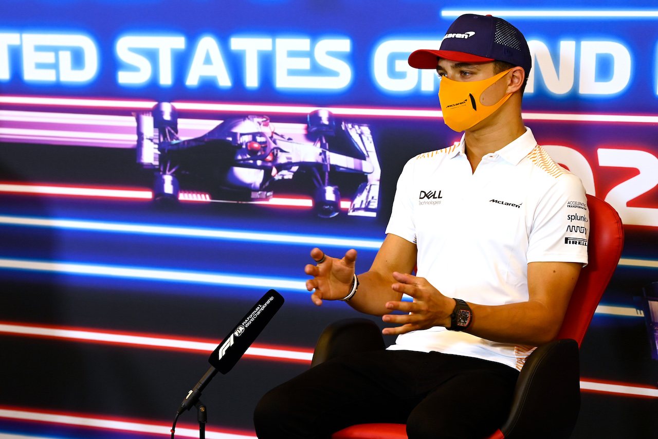 GP STATI UNITI, Lando Norris (GBR) McLaren in the FIA Press Conference.
21.10.2021. Formula 1 World Championship, Rd 17, United States Grand Prix, Austin, Texas, USA, Preparation Day.
- www.xpbimages.com, EMail: requests@xpbimages.com © Copyright: FIA Pool Image for Editorial Use Only