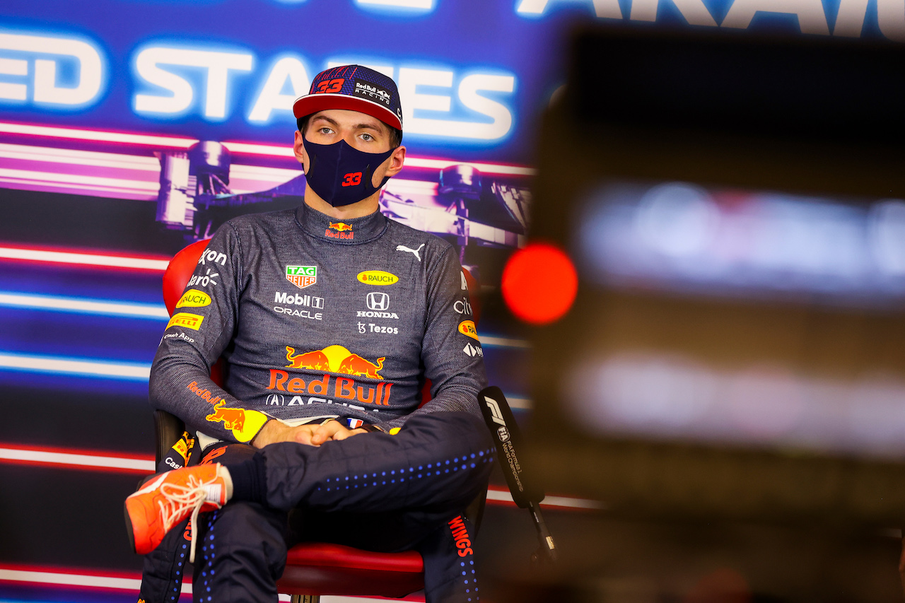 GP STATI UNITI, Max Verstappen (NLD) Red Bull Racing in the post qualifying FIA Press Conference.
23.10.2021. Formula 1 World Championship, Rd 17, United States Grand Prix, Austin, Texas, USA, Qualifiche Day.
- www.xpbimages.com, EMail: requests@xpbimages.com © Copyright: FIA Pool Image for Editorial Use Only
