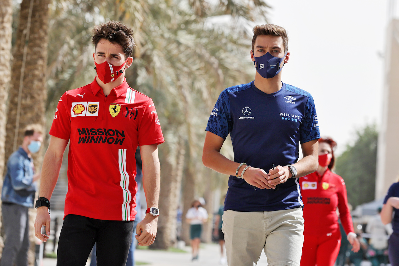 TEST BAHRAIN, (L to R): Charles Leclerc (MON) Ferrari with George Russell (GBR) Williams Racing.
13.03.2021. Formula 1 Testing, Sakhir, Bahrain, Day Two.
- www.xpbimages.com, EMail: requests@xpbimages.com © Copyright: Moy / XPB Images